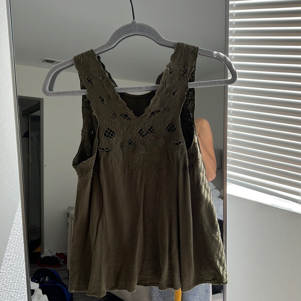Olive green tank top with designs